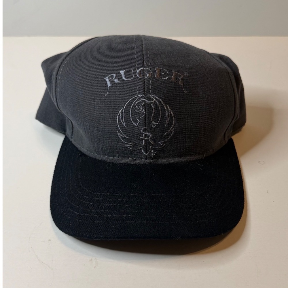 Vintage Ruger Firearms Hat Graffiti USA Made Two Tone Grey Black Strapback Cap